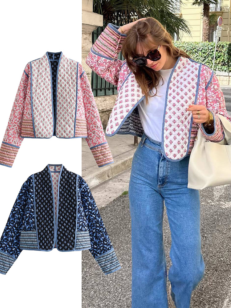Women'S Fashion Quilted Jacket - سترة نسائية مبطنة بالزهور قابلة للعكس