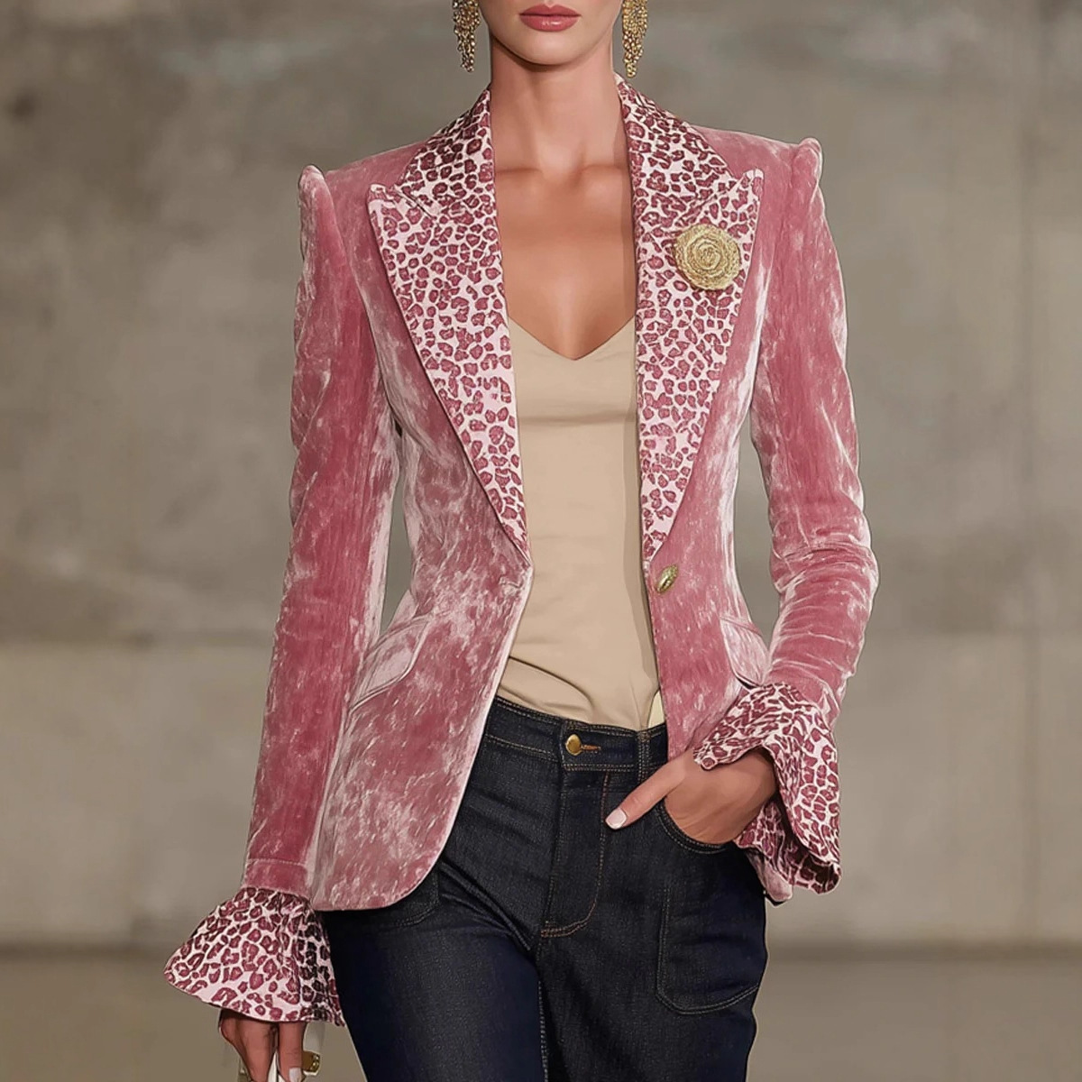 Velvet Blazer Women - المرأة المخملية السترة ليوبارد طباعة التلبيب