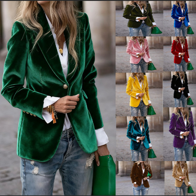 Velvet Blazer Women - جاكيت نسائي مخملي بزر واحد وياقة
