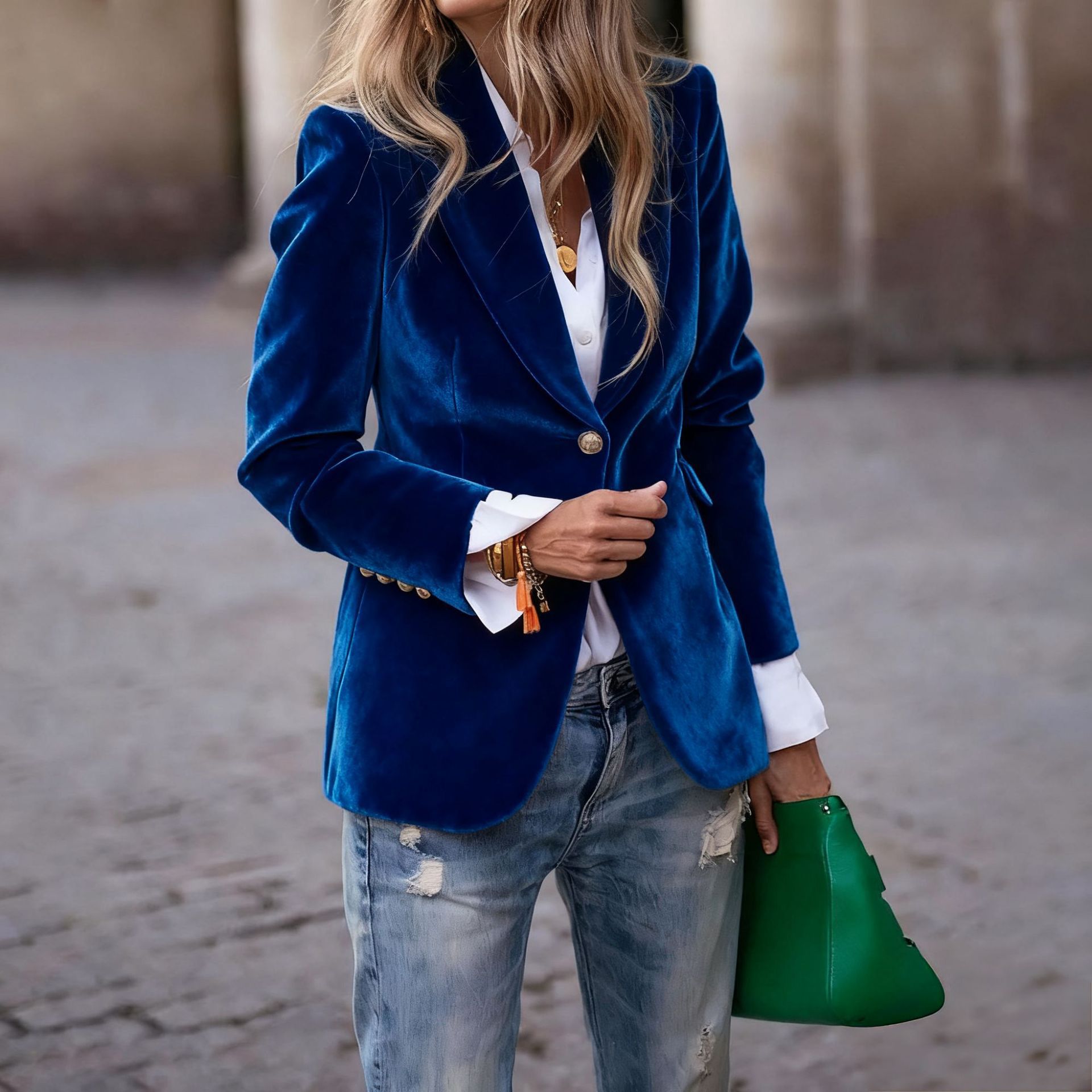 جاكيت نسائي مخملي بزر واحد ويا - مراجعة Velvet Blazer Women وسعره