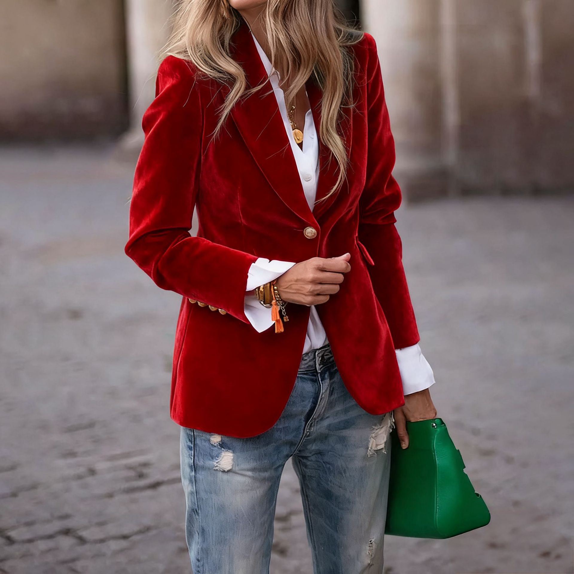 جاكيت نسائي مخملي بزر واحد ويا - مراجعة Velvet Blazer Women وسعره
