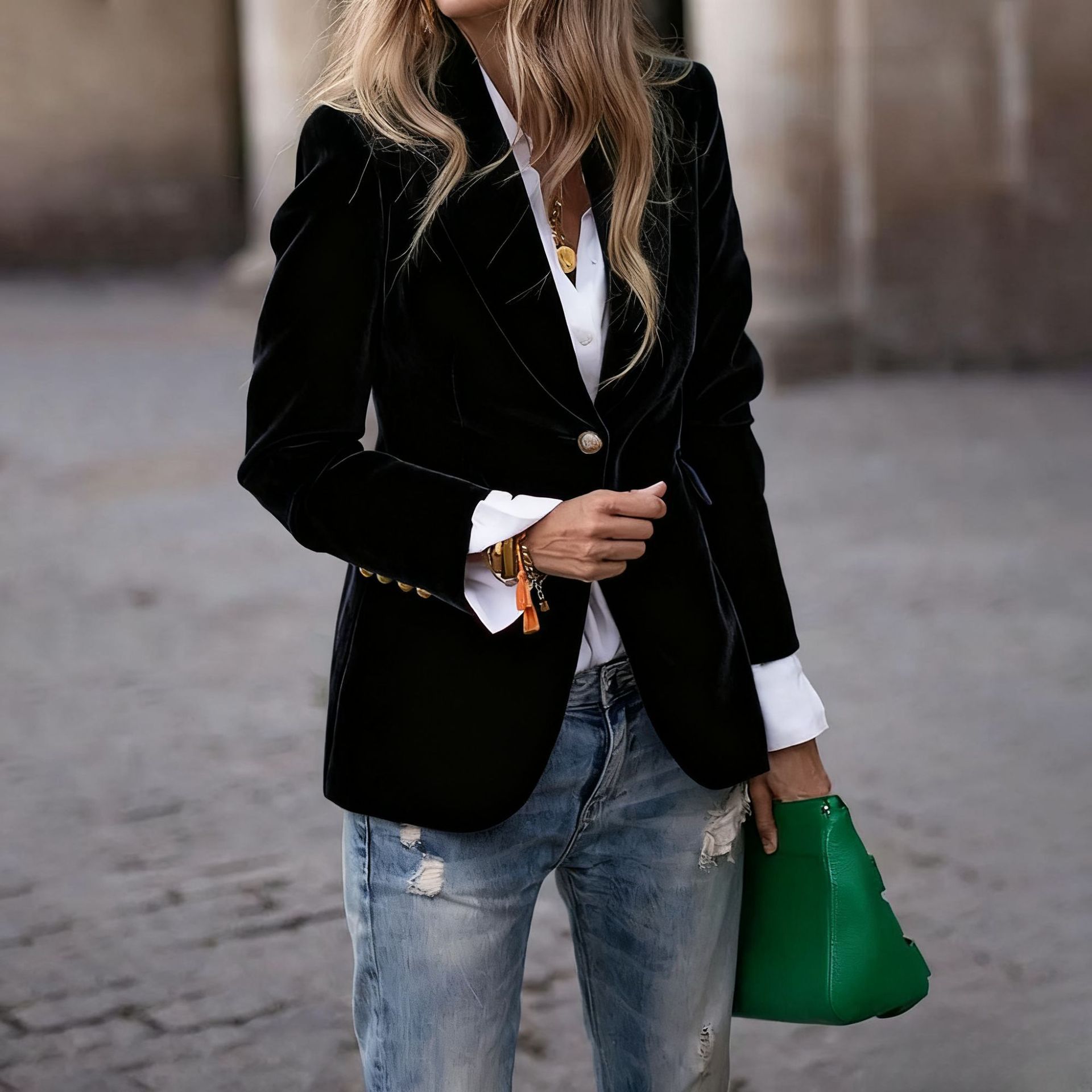 جاكيت نسائي مخملي بزر واحد ويا - مراجعة Velvet Blazer Women وسعره